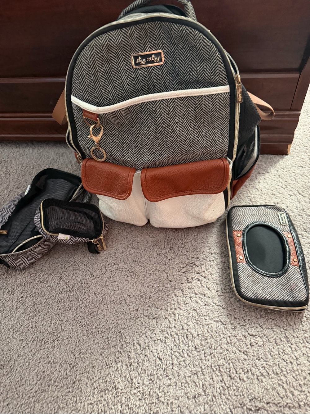 Itzy Ritzy Herringbone Diaper Backpack with Brown and Cream Accents